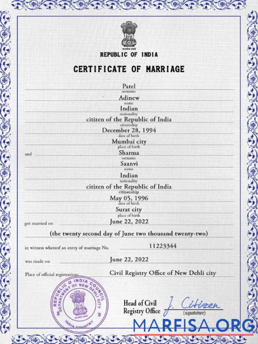 Printable India marriage certificate PSD template, fully editable